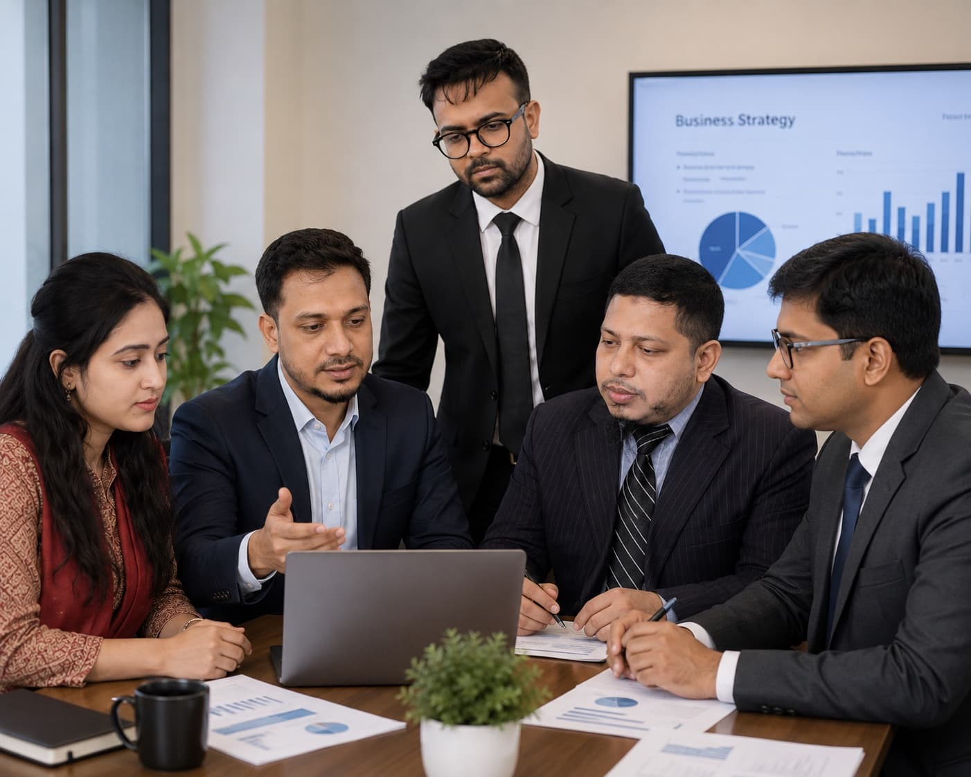 A leadership team reviewing business strategy in a meeting room